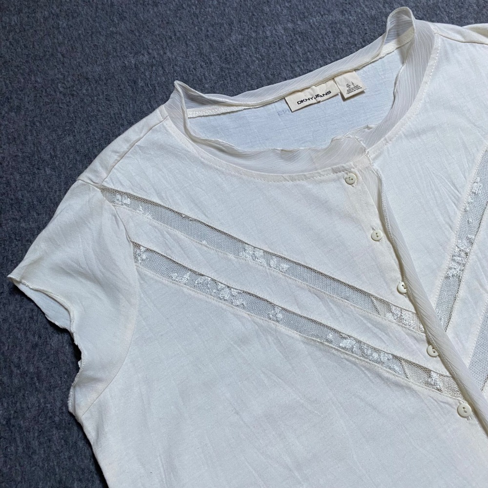 DKNY Jeans Womens Cream Lace Chevron Button Front Cap Sleeve Top Large